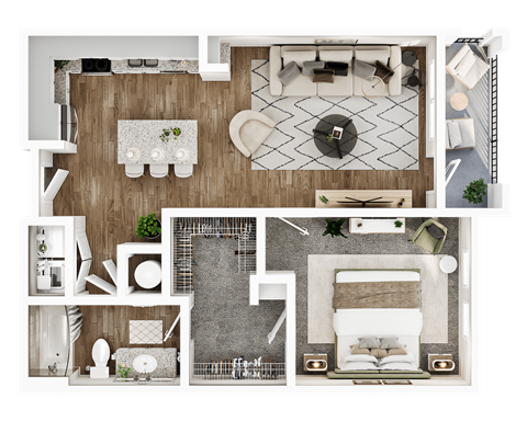 Floor plan for 1 bed, 1 bath, 741 sqft